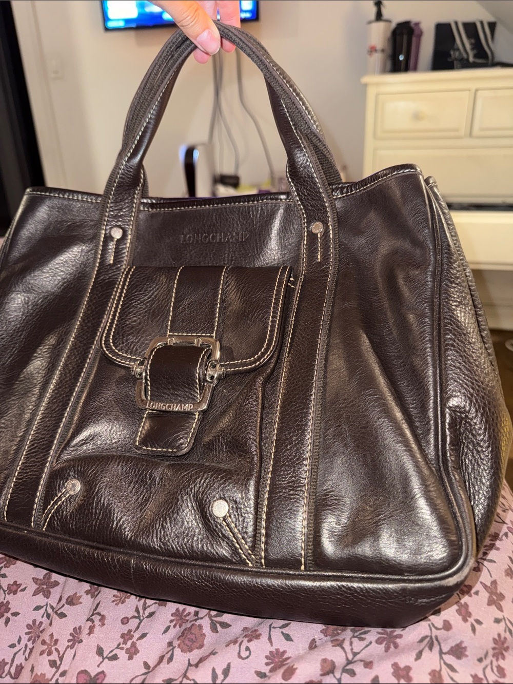 Longchamp Men's Dark Brown Leather Messenger Tote with Front Buckle